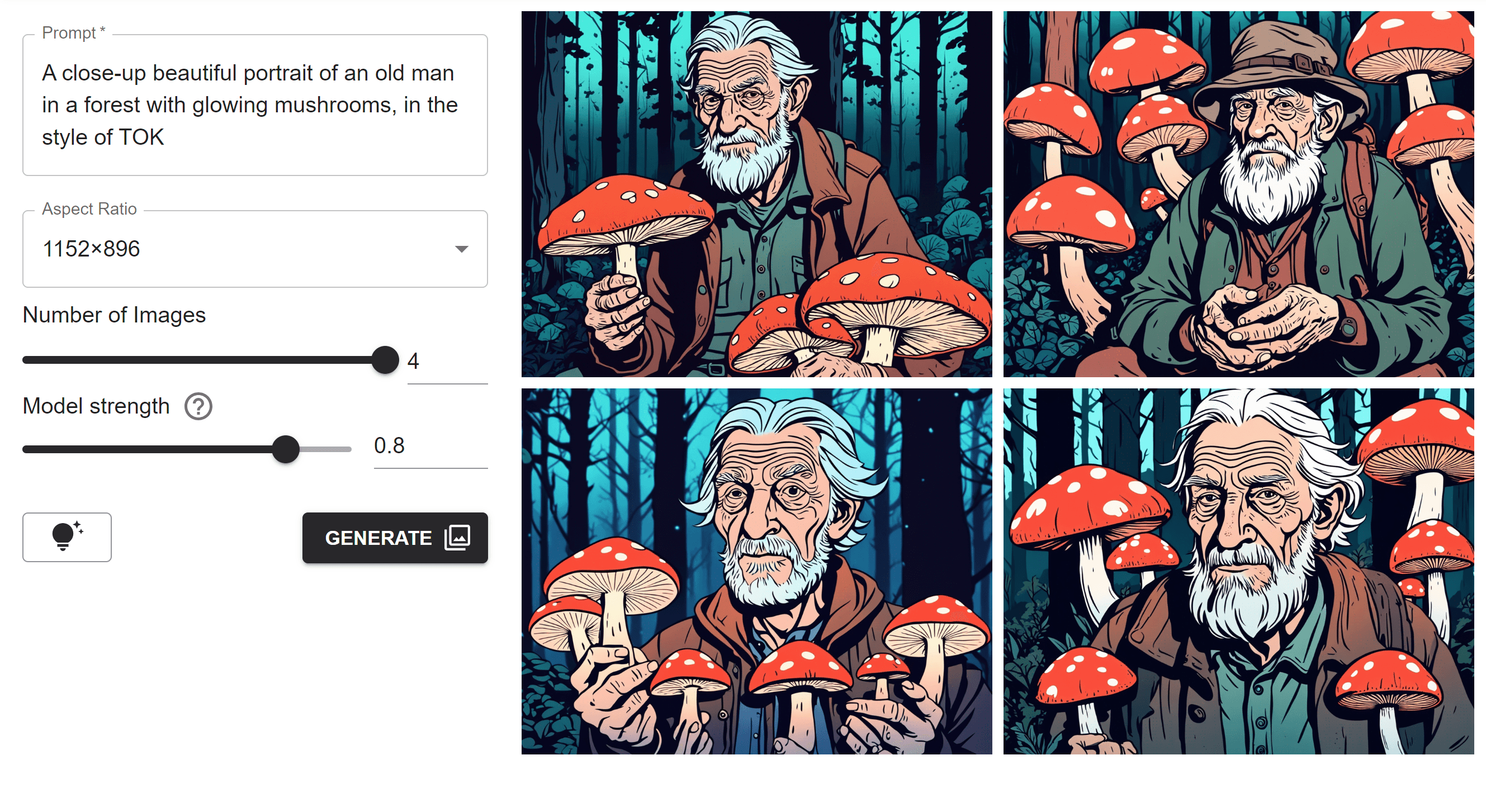 A screenshot of the generation page